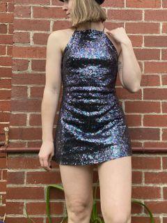 MOTEL sequin blue black backless dress XS 6
