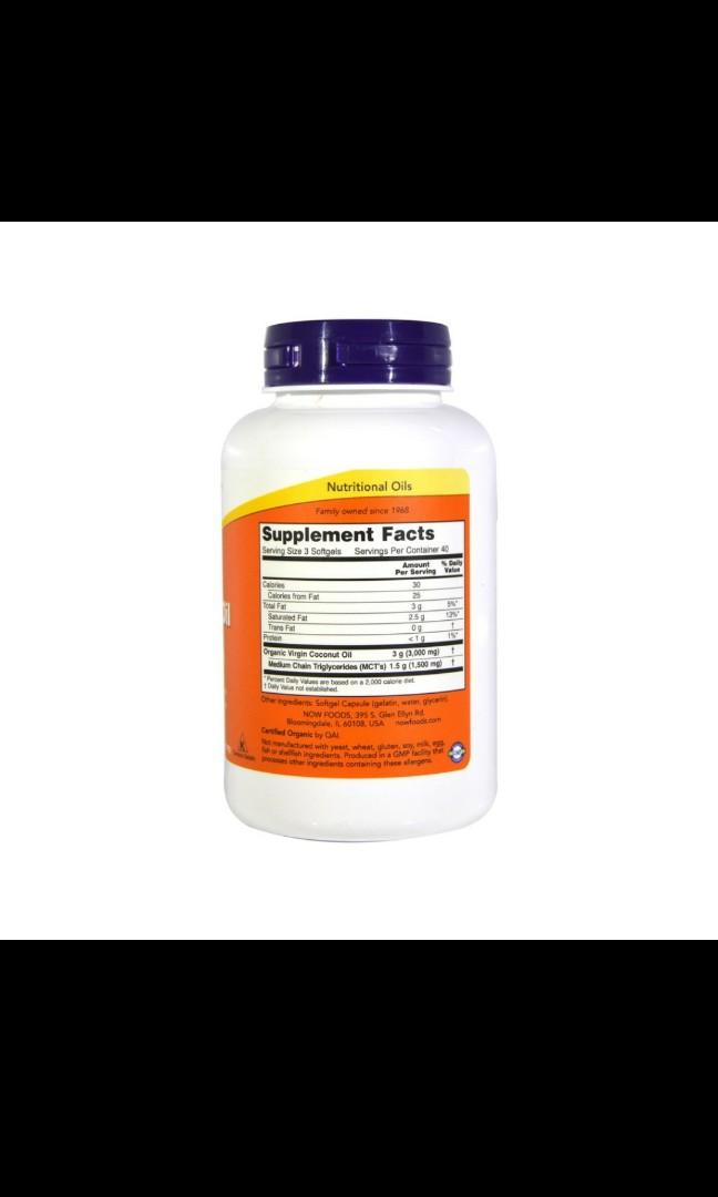 NOW Virgin coconut oil capsule, Food & Drinks, Packaged Snacks on Carousell