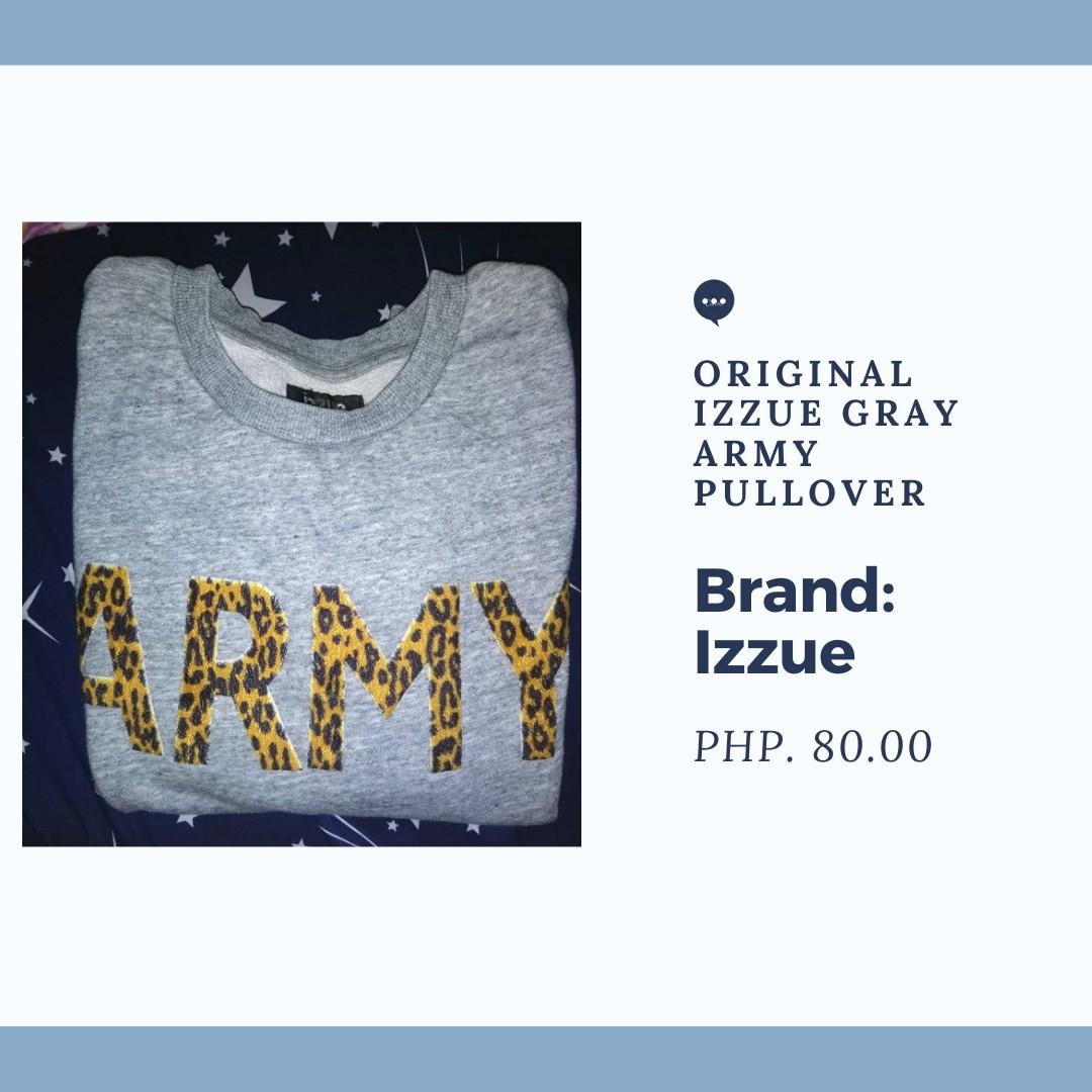 Original IZZUE Gray Army Pullover (Category: Others Tops) located in Pasig City. Submitted by ceejay003 (Listing ID 1019224070, Image 1). Description: Original IZZUE Pullover 👉 This is original from www.izzue.com, not sure kung may ganito pa sila. 👉 Size is fit from S to Medium 👉 No flaws. Di masyadong nagagamit. 👉 80 pesos nalang..
