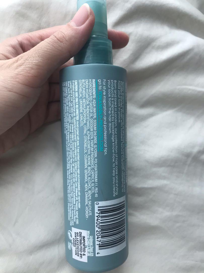 Toni & guy sea salt hair spray (Category: Hair) located in Makati City. Submitted by shopknickerbocker1 (Listing ID 1019302926, Image 2). Description: Really great for styling. I just dont go out anymore sayang naman. Bought for 800. .