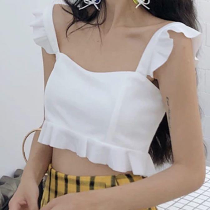 white crop ruffle top