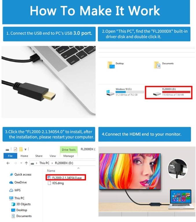 Foinnex Usb To Hdmi Adapter Video Cable With Audio 6ft 2m Foinnex Usb 3 0 To Hdmi Converter Lead For Windows 10 8 1 8 7 Surface Pro Pc Laptop To Tv Monitor Not Support Xp Mac Os Vista Male To Male 1 Electronics