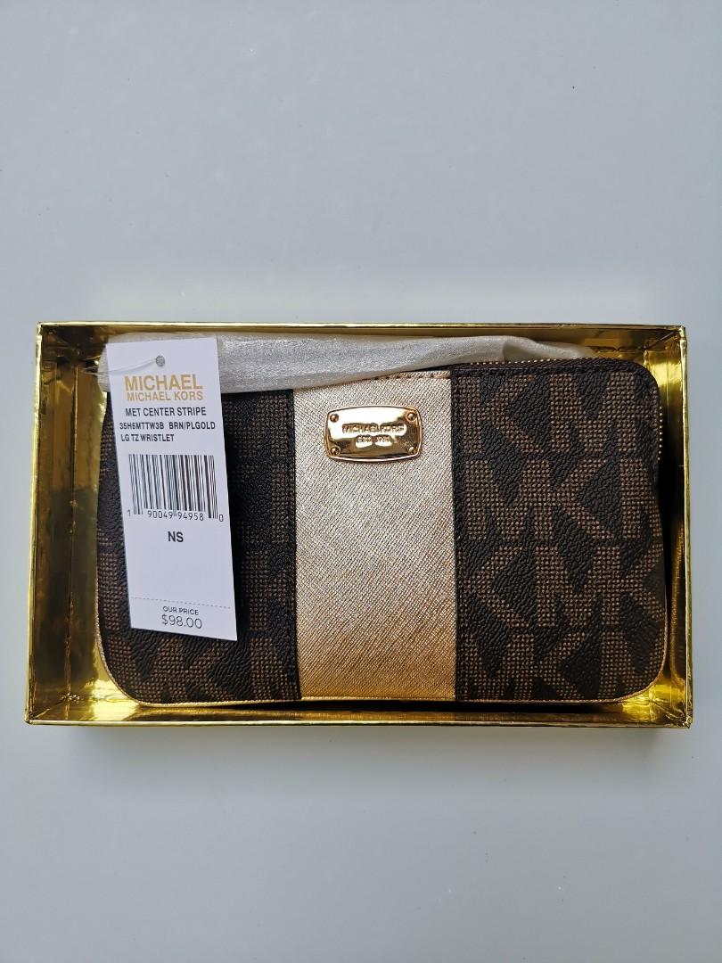 Michael Kors Met Center Stripe LG TZ Wristlet Wallet Clutch Purse Brown /  Pale Gold, Women's Fashion, Bags & Wallets, Clutches on Carousell
