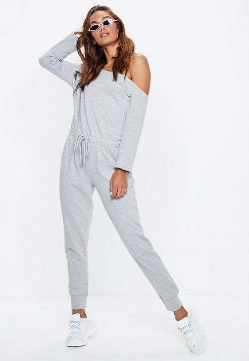 MISSGUIDED OFF SHOULDER DRAWSTRING JUMPSUIT IN GREY