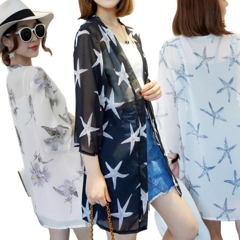 Women Blouses Plus Size Printed Cardigan Tops V Neck Three Quarter Loose Chiffon Blouse Kimono Cardigan Po Women S Fashion Clothes Outerwear On Carousell