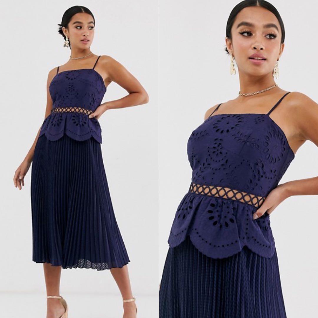 asos design broderie cami midi dress with pleated skirt