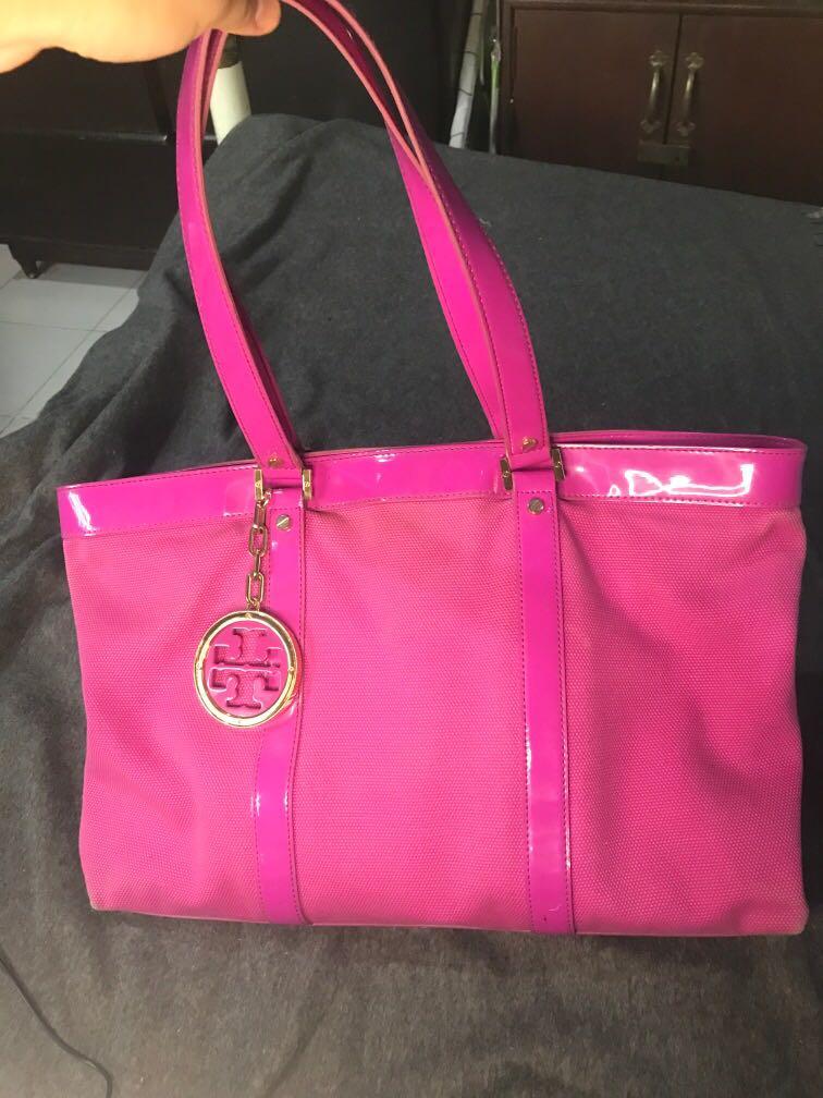 Authentic Tory Burch Hot Pink Canvas and Patent Leather Jane Large