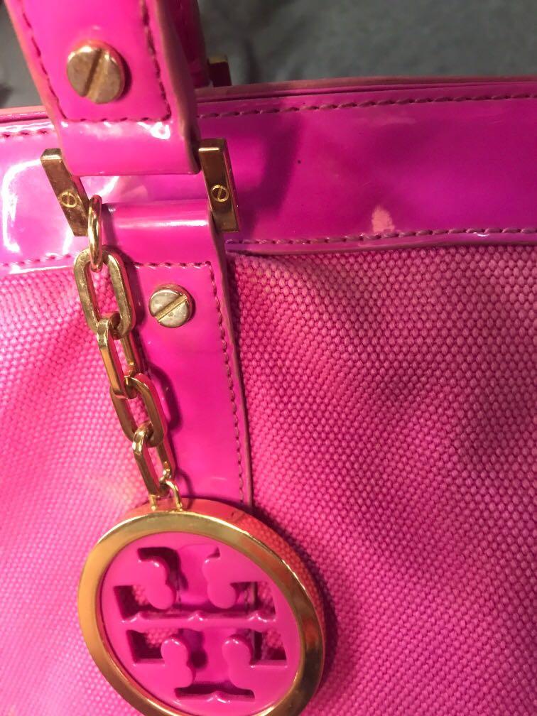 Tory Burch Hot Pink Canvas and Patent Leather Jane Large Tote Tory Burch