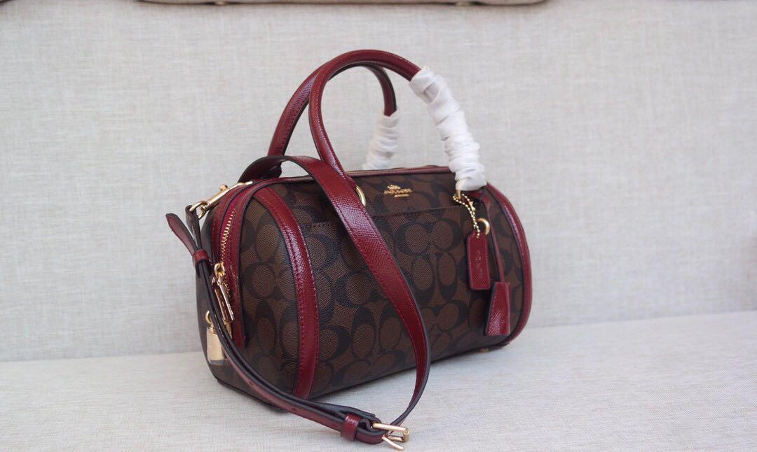 Coach F76706 Signature Zoe Patent Barrel Satchel Brown Wine, Women's