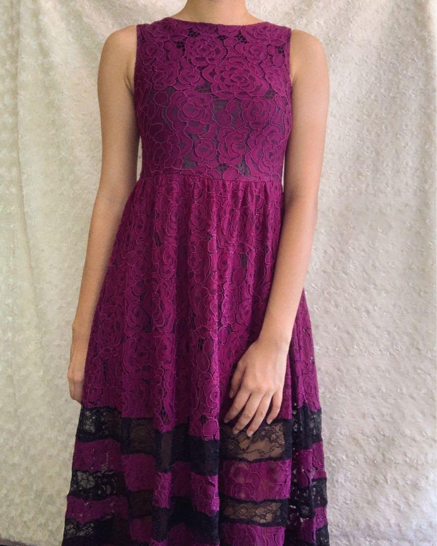 purple lace midi dress