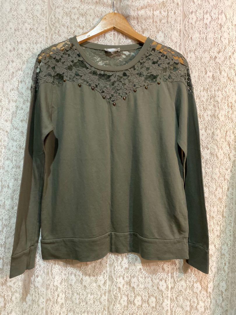 Zara Olive Green Long Sleeve Top W Lace Details Women S Fashion Clothes Tops On Carousell