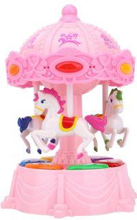 Zooawa Carousel Music Box, Merry Go Round Electronic Musical Rotating Toy with 3 Modes & Animal Sound - Pink
