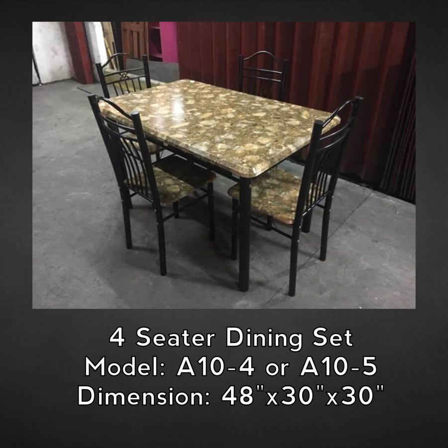 4 Seater Dining Set (Category: Chairs) located in Quezon City. Submitted by travisfurnitureshop (Listing ID 1024522328, Image 1). Description: 4 Seater Dining Set Model: A10-4 or A10-5 Dimension: 48"x30"x30" Made: Laminated MDF Board Top and Seat Table.