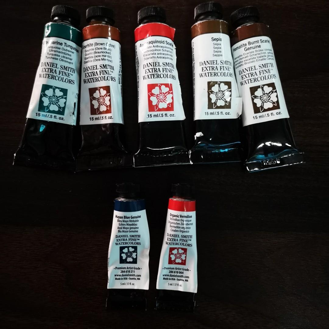 Daniel Smith Watercolor Paints in Half Pans (Category: Art & Prints) located in Paranaque City. Submitted by booksaverph (Listing ID 1027398550, Image 2). Description: Daniel Smith Watercolors Poured in Half Pans Please allow 3 pours to make sure half pans are full before shipping🙂. Ultramarine Turquoise 250 Goethite 250 Anthraquinoid Scarlet 260 Sepia 250 Hematite Burnt Scarlet Genuine 260 Mayan Blue 250 Organic Vermilion 250.