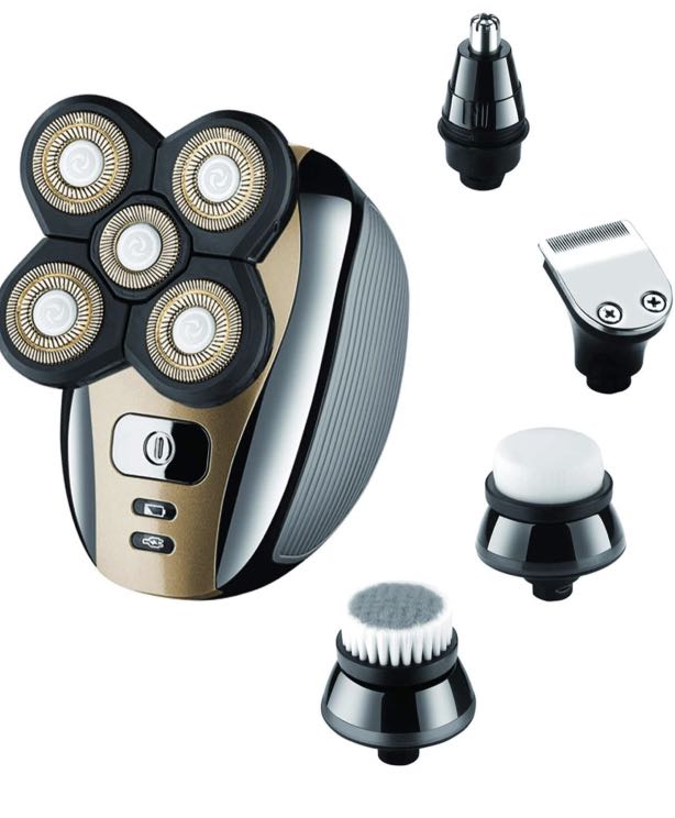 Electric Head Shaver Razor for Bald Men Gold Grooming Kit 5 in 1 Wet Dry Rotary Shavers Nose Hair Beard Trimmer Clippers Facial Cleansing Brush Cordless Waterproof USB Charging Rechargeable