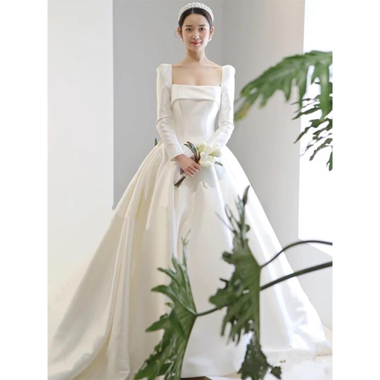 White silk long outlet sleeve wedding dress