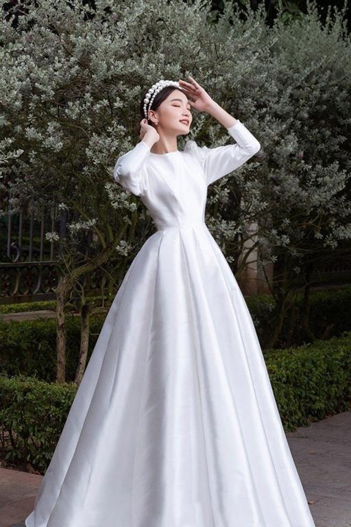 pre order Princess Vintage Korean white satin long sleeve wedding bridal dress gown RB2148