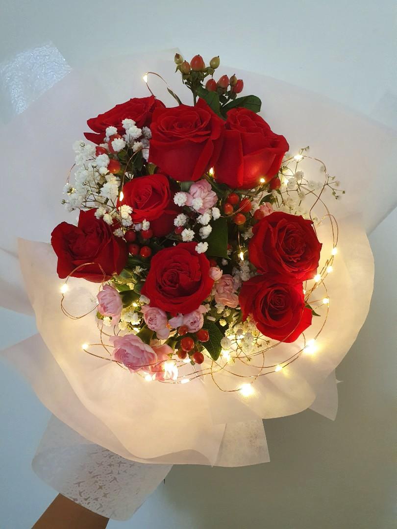 Red Rose Fairy Light Bouquet Gardening Flowers Bouquets On Carousell