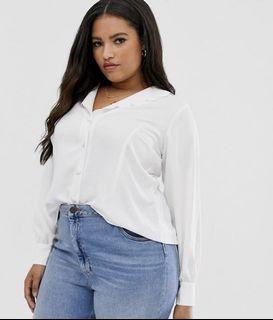 White Button Down Blouse With Puff Sleeves and Scallop Collar