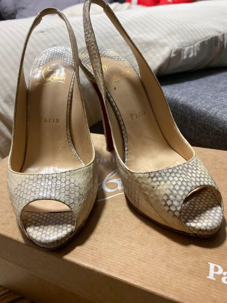 Christian Louboutin 110 White Snakeskin Python Slingback Peeptoe Heels