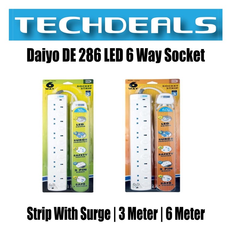 Daiyo DE 286 LED 6 Way Socket Strip With Surge | 3M | 6M, TV & Home ...