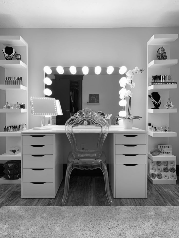 Frameless hollywood vanity mirror, alex linnmon dual table, vantiy