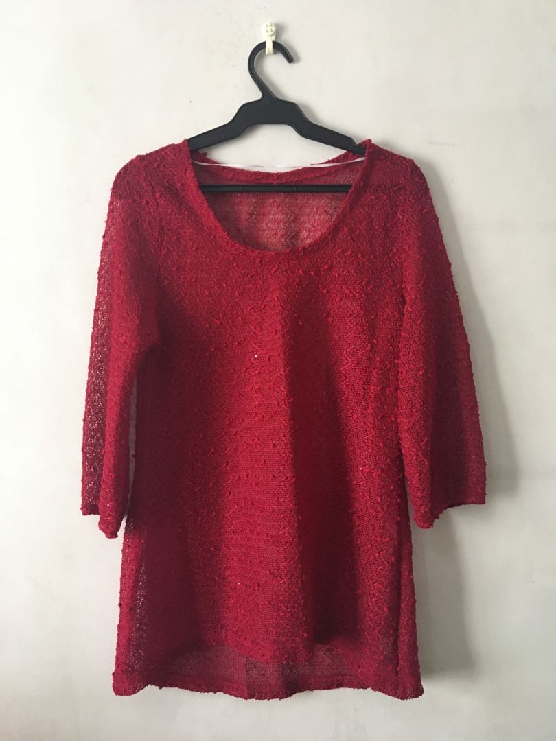 Red See Through Blouse, Women's Fashion, Tops, Blouses on Carousell