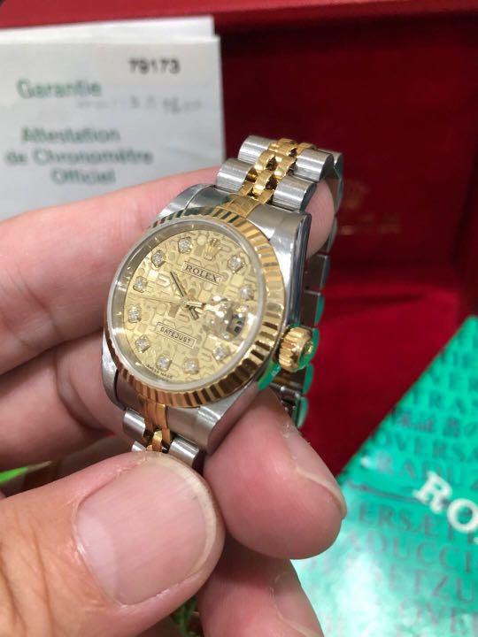 ROLEX 79173 Datejust 18k Gold Champagne Computer Diamond Dial 26mm Fullset Automatic Watch