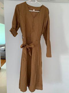 V Neck Rust Brown Casual Long Sleeve Non-stretch Spring/Fall Dresses