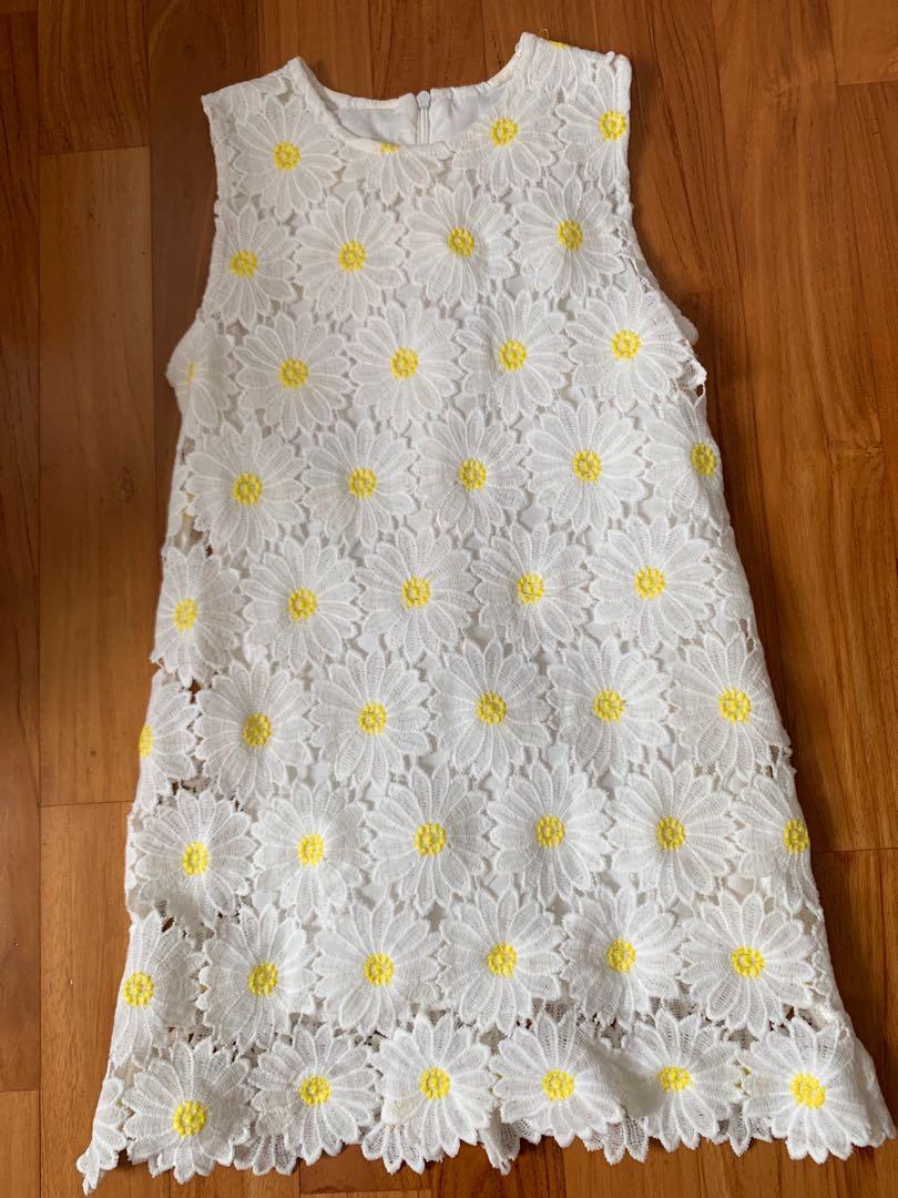 White Lace Crochet Sunshine Daisy Shift Dress for Girls Babies