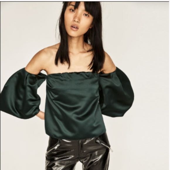 ZARA DARK GREEN SATIN OFF-SHOULDER TOP 