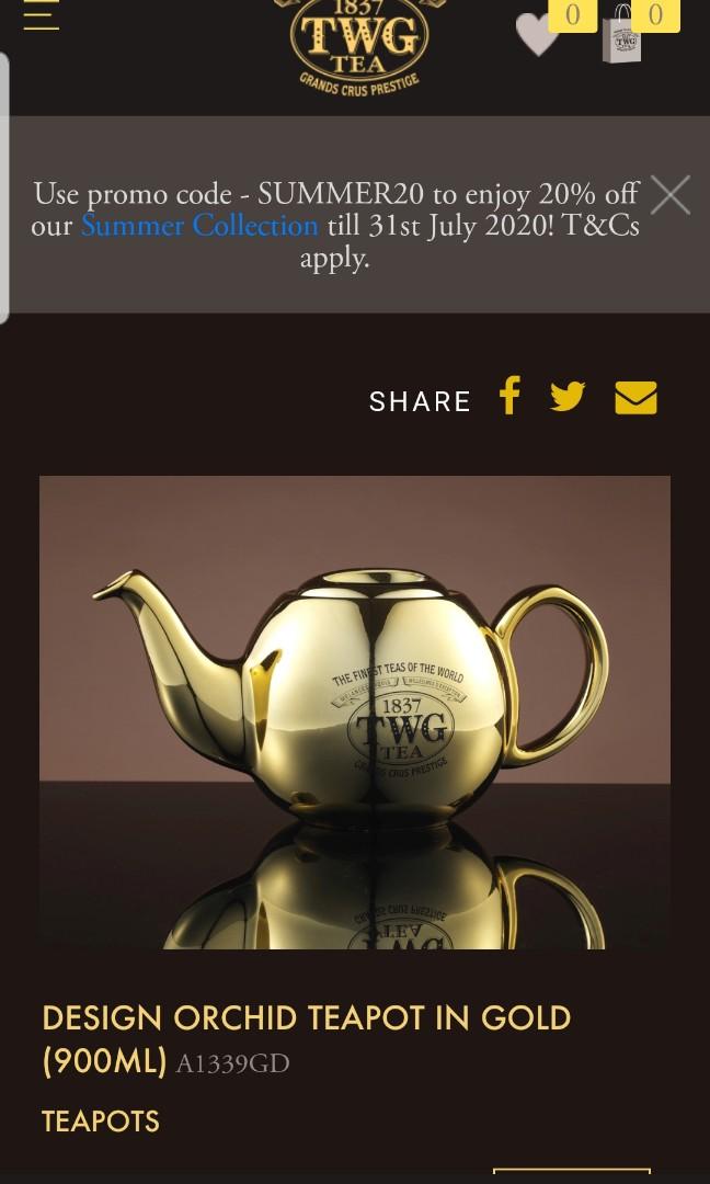 900 ml TWG Design Orchid Teapot in Gold, Furniture & Home Living