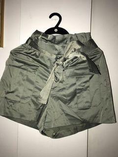 Army green satin high waisted shorts