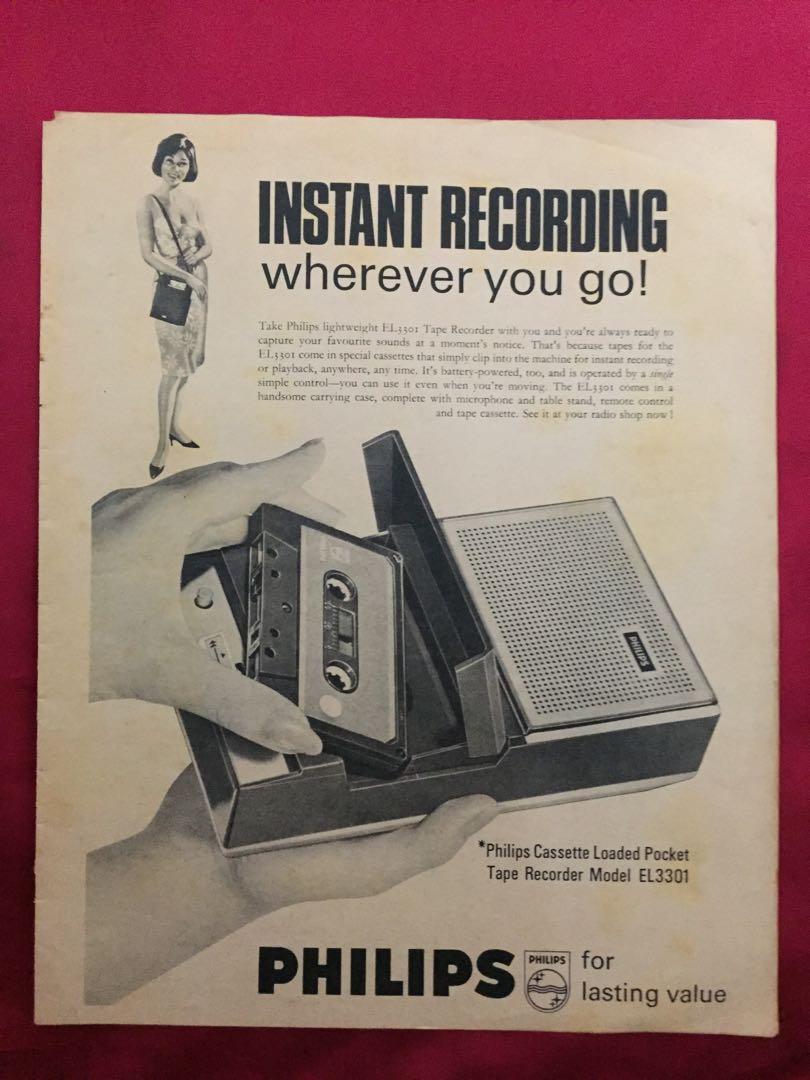 PHILIPS 1965 Cassette Tape Recorder Ad Advert Collectible, Audio ...