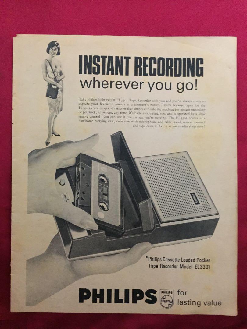 PHILIPS 1965 Cassette Tape Recorder Ad Advert Collectible, Audio