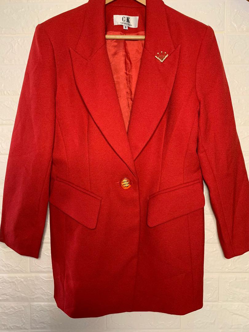 Red blazer with one button (Category: Coats, Jackets and Outerwear) located in Quezon City. Submitted by declutterwitheli_mnl (Listing ID 1027895417, Image 2). Description: High quality✔️ Good as new☑️☑️☑️ Can fit to large to xl Selling this for a very low price. Grab it now! Feel free to ask the seller for more details! Thank you! .