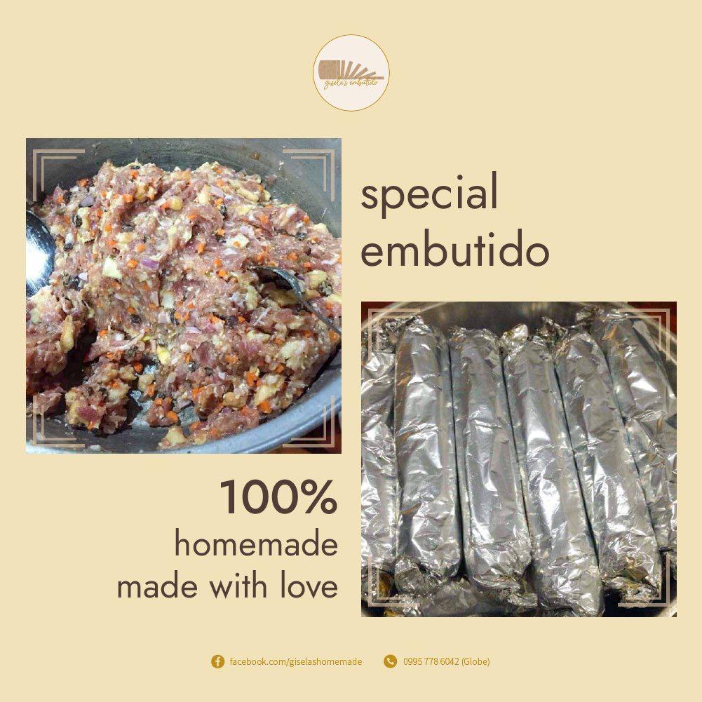 Special Homemade Embutido (Category: Local Eats) located in Quezon City. Submitted by sntsgeraldine (Listing ID 1027891182, Image 1). Description: ❤️ OUR EMBUTIDO IS 100% MADE WITH LOVE ❤️ We make sure that our SPECIAL EMBUTIDO is carefully prepared, stored, and delivered to your doorstep. 1 pc (225 grams) = P 130 4 pcs = P 510 12 pcs = P 1500 Modes of payment: PNB, BPI, GCash Modes of delivery: Lalamove, Angkas, Grab Pickup at North Susana Villa
