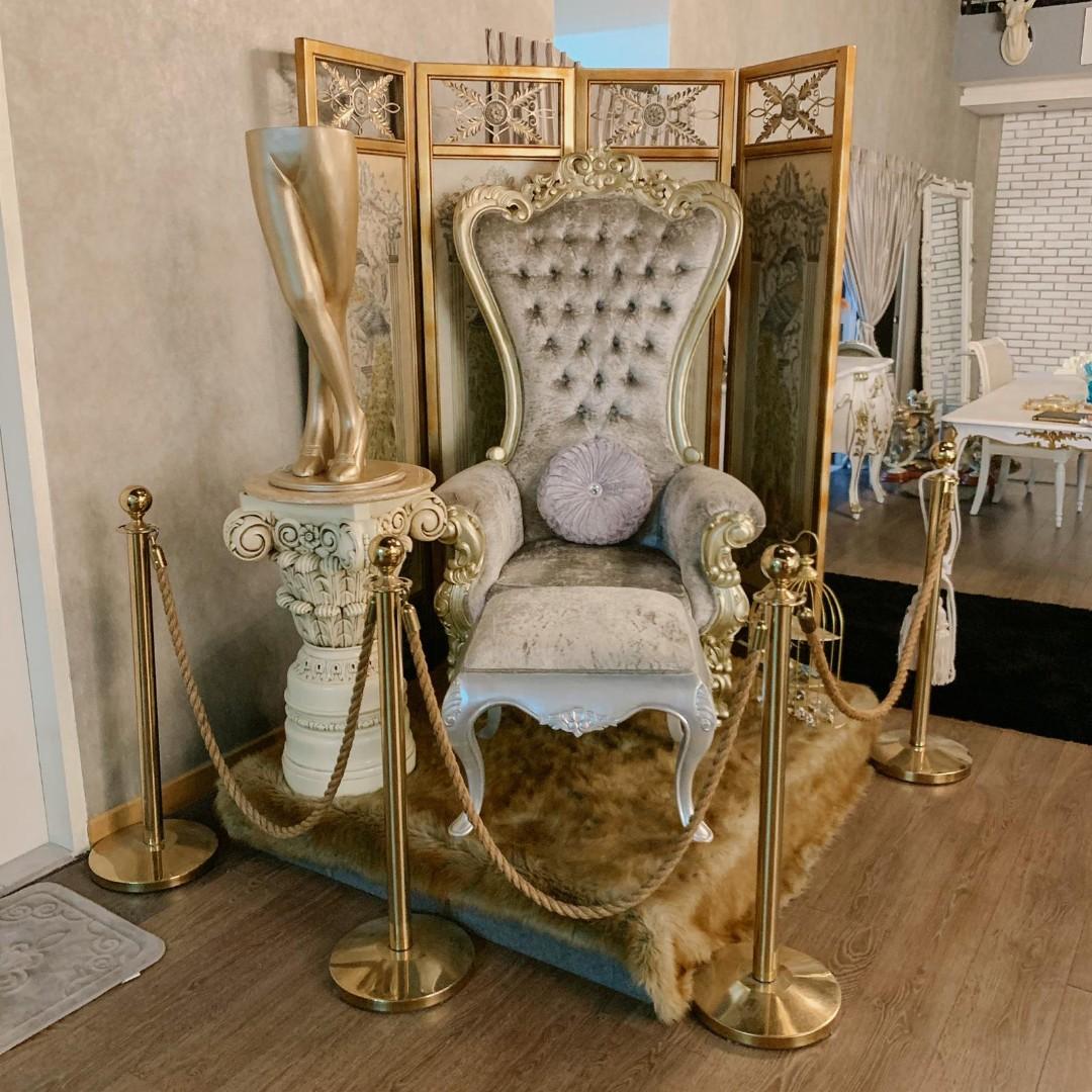 Instock Grey Velvet Gold Throne Baroque High Chair Furniture