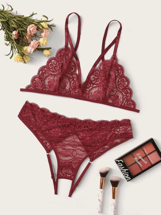 SHEIN Contrast Lace Tie Front Thong Lingerie Set