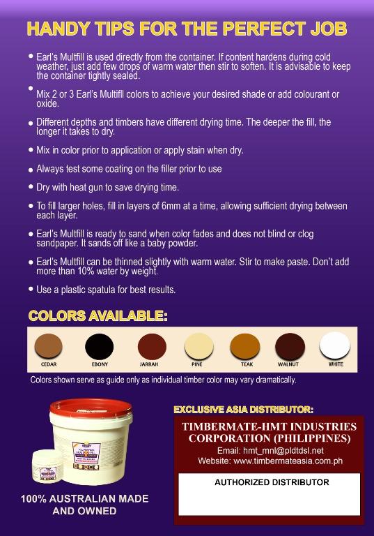 EARL'S MULTFILL INTERIOR & EXTERIOR GRADE PUTTY - 1 KILO (Category: Cleaning Tools & Supplies) located in Taguig. Submitted by timbermate-hmt (Listing ID 1028009034, Image 3). Description: EARL'S MULTFILL is the perfect putty to fill interior or exterior surfaces such as wood, rotted timber, masonry, plasterboard, cement sheet, concrete and metal. Heavy-bodied putty which gives you a high quality finish. Perfect for wood flooring and outdoor furn