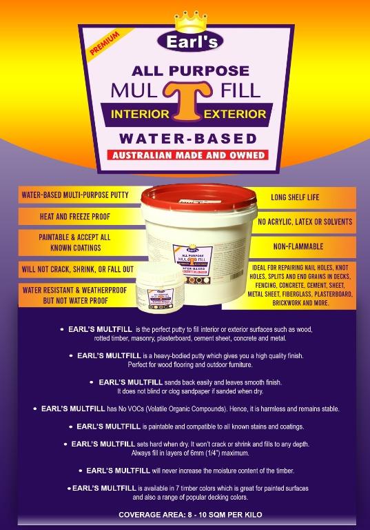 EARL'S MULTFILL INTERIOR & EXTERIOR GRADE PUTTY - 1 KILO (Category: Cleaning Tools & Supplies) located in Taguig. Submitted by timbermate-hmt (Listing ID 1028009034, Image 2). Description: EARL'S MULTFILL is the perfect putty to fill interior or exterior surfaces such as wood, rotted timber, masonry, plasterboard, cement sheet, concrete and metal. Heavy-bodied putty which gives you a high quality finish. Perfect for wood flooring and outdoor furn