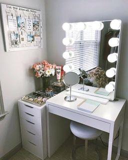 Micke table, alex 5-drawer, frameless hollywood vanity mirror, dresser, vanity table, make up room essentials