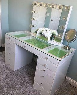 Vanity table, frameless hollywood vanity mirror, dresser, make up room essentials