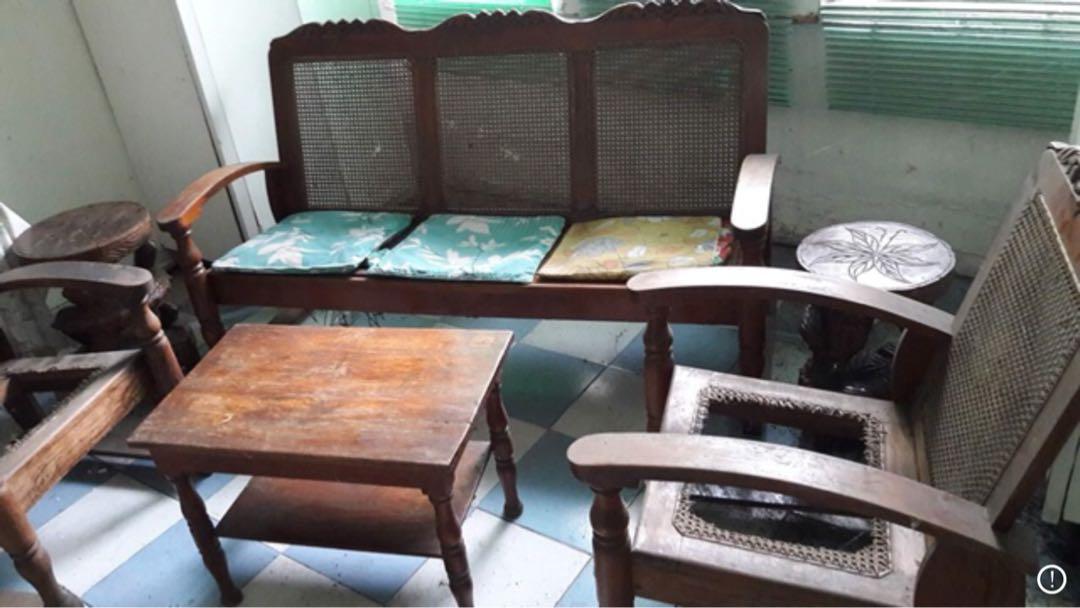 Vintage Narra sala set (Category: Tables & Sets) located in Quezon City. Submitted by practical_papi (Listing ID 1028188824, Image 1). Description: 1950’s Vintage Narra sala set Inclusions: 1 pc 3-seater, 2 pcs single seater & 1 table. issue: Solihiya needs to be replaced but other than that, wood is very intact and sturdy. Slightly negotiable.