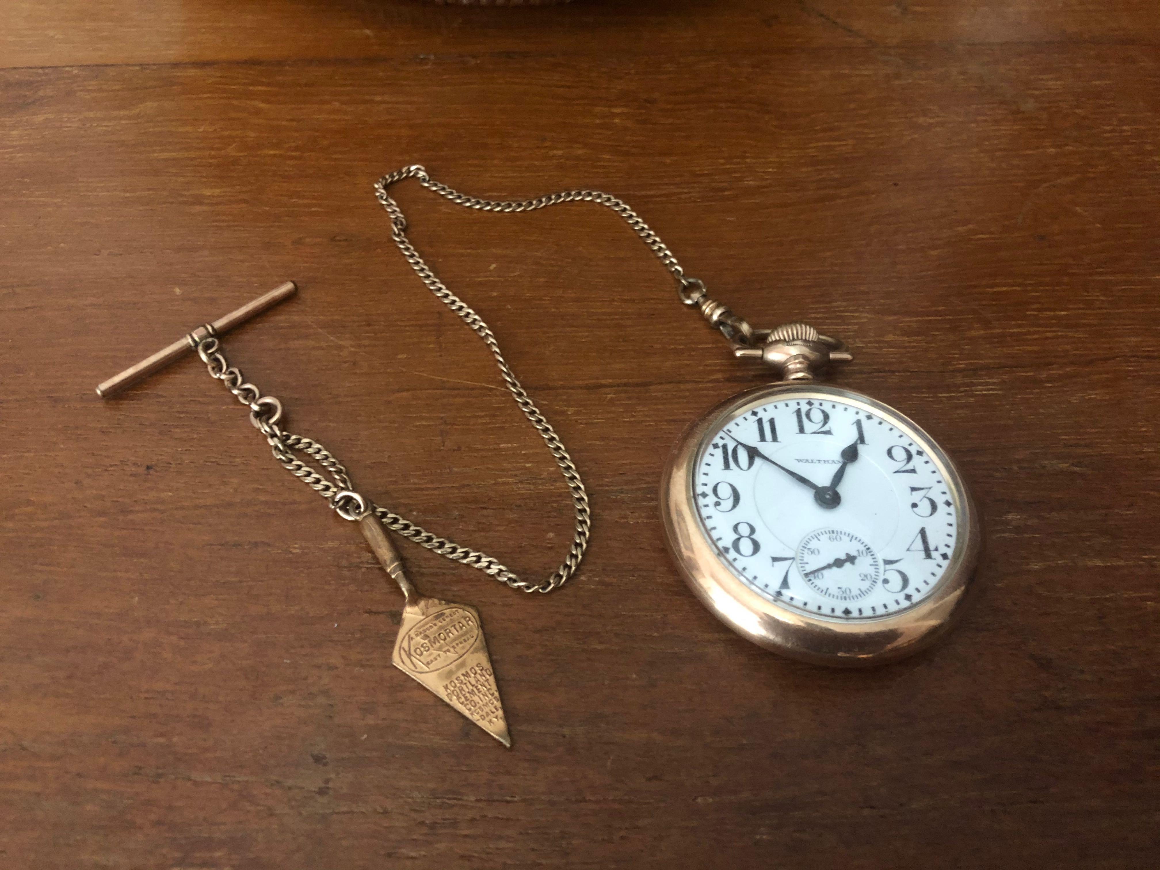 Beautiful Antique Pocket Watch Waltham 1918 and Filled Gold Chain and Fob 1905