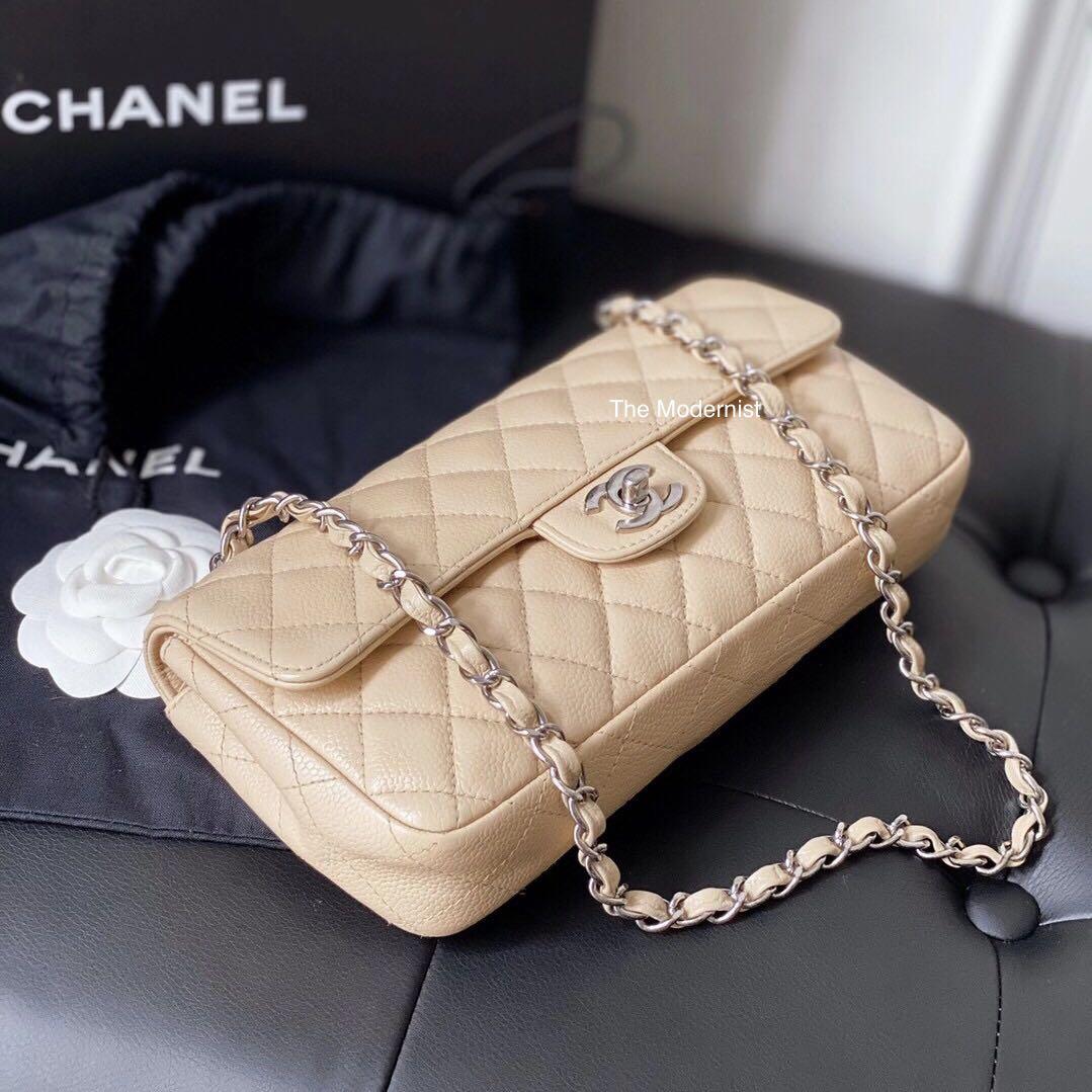 Authentic Chanel Beige Caviar East West Flap Silver Hardware