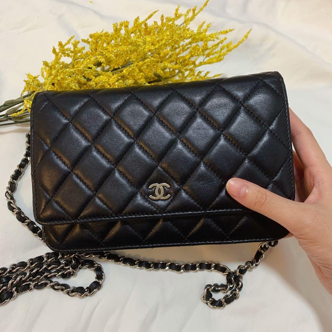 Chanel classic wallet on chain bag in black lambskin silver hardware  [authentic]