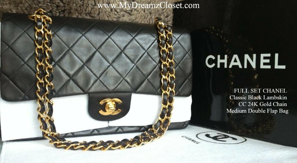 FULL SET CHANEL Classic Black Lambskin CC 24K Gold Chain Medium Double Flap  Bag, Women's Fashion, Bags & Wallets, Cross-body Bags on Carousell