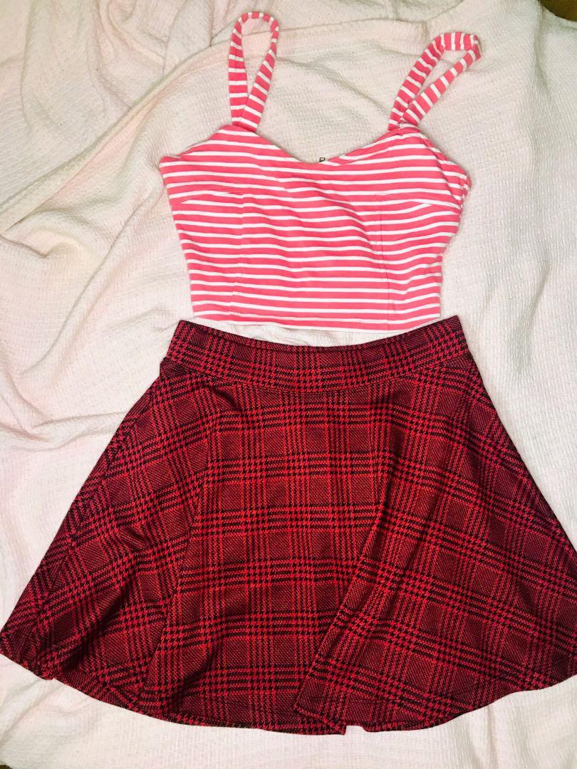 pink and red plaid skirt