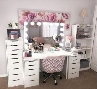 Vanity table, frameless hollywood vanity mirror, alex 5-drawer, alex 9-drawer, display shelf, make up room essentials, dresser